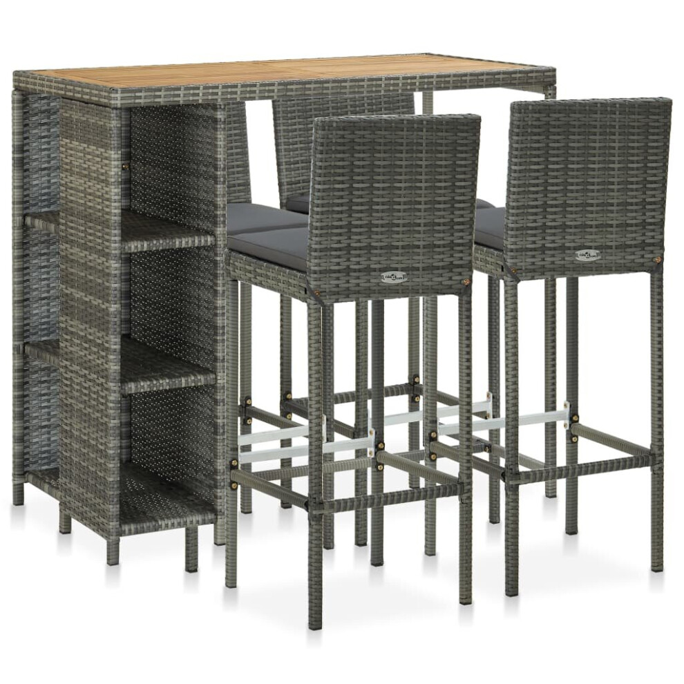 Vidaxl (Grey) Garden Bar Set 5 Piece With Cushions Poly Rattan Table&Chair Black/Grey