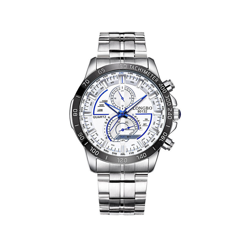 (White) Luminous Men Stainless Steel Quartz Wrist Watch Date Display