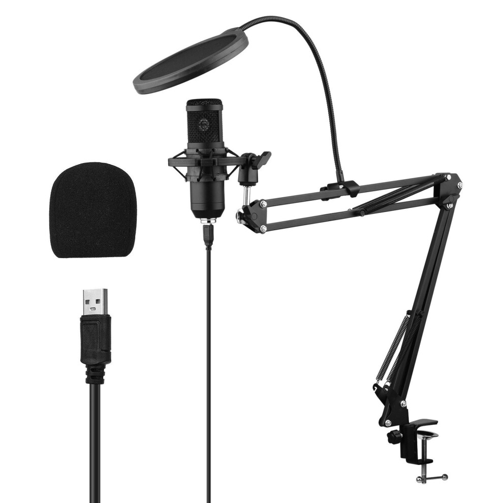 USB Condenser Microphone Set with Desk Mounting Clamp Scissor Arm Stand Pop Filter Muff Shock Mount Cable