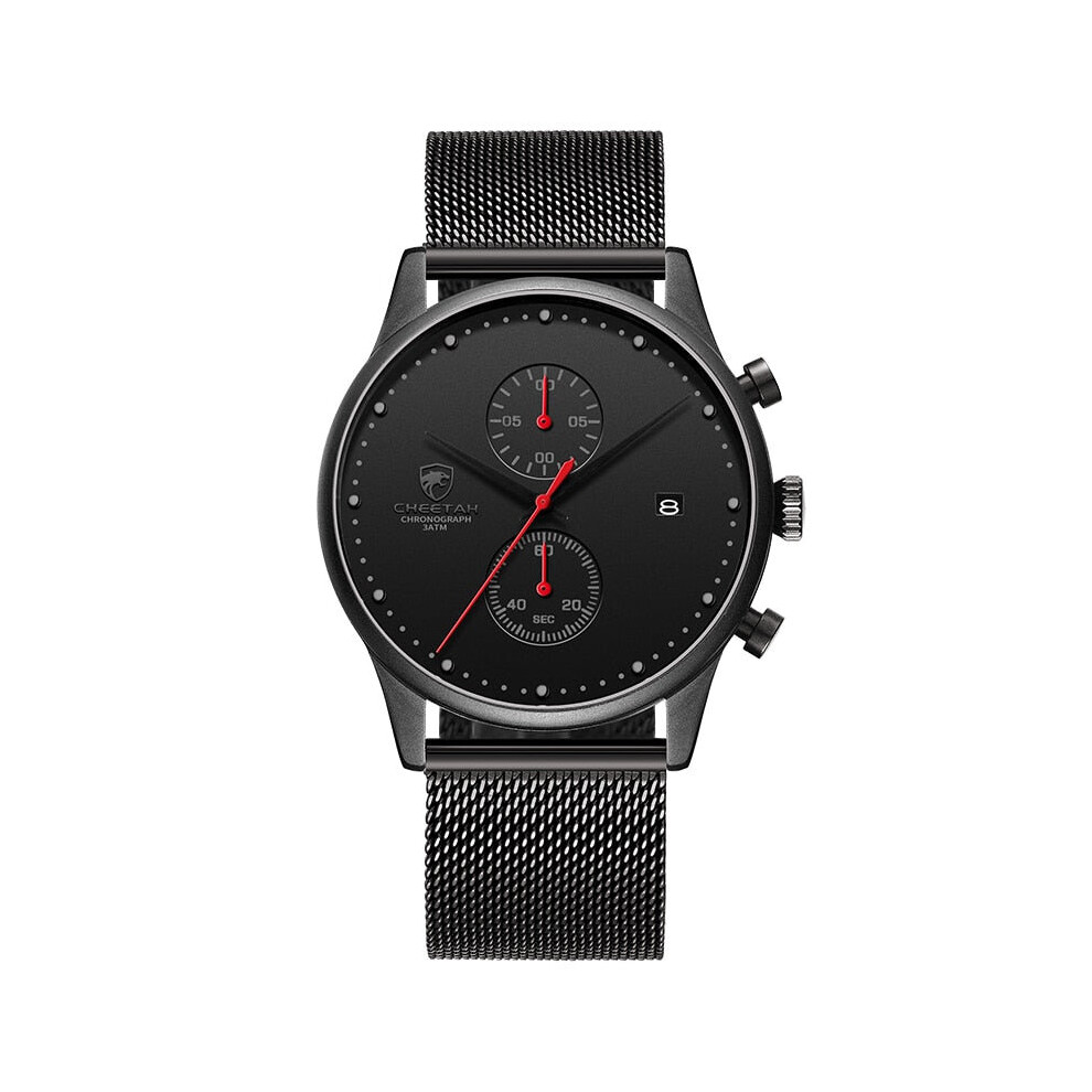 (Black Red) Men Chronograph Quartz Stainless Steel Waterproof Sports Clock Business Watch