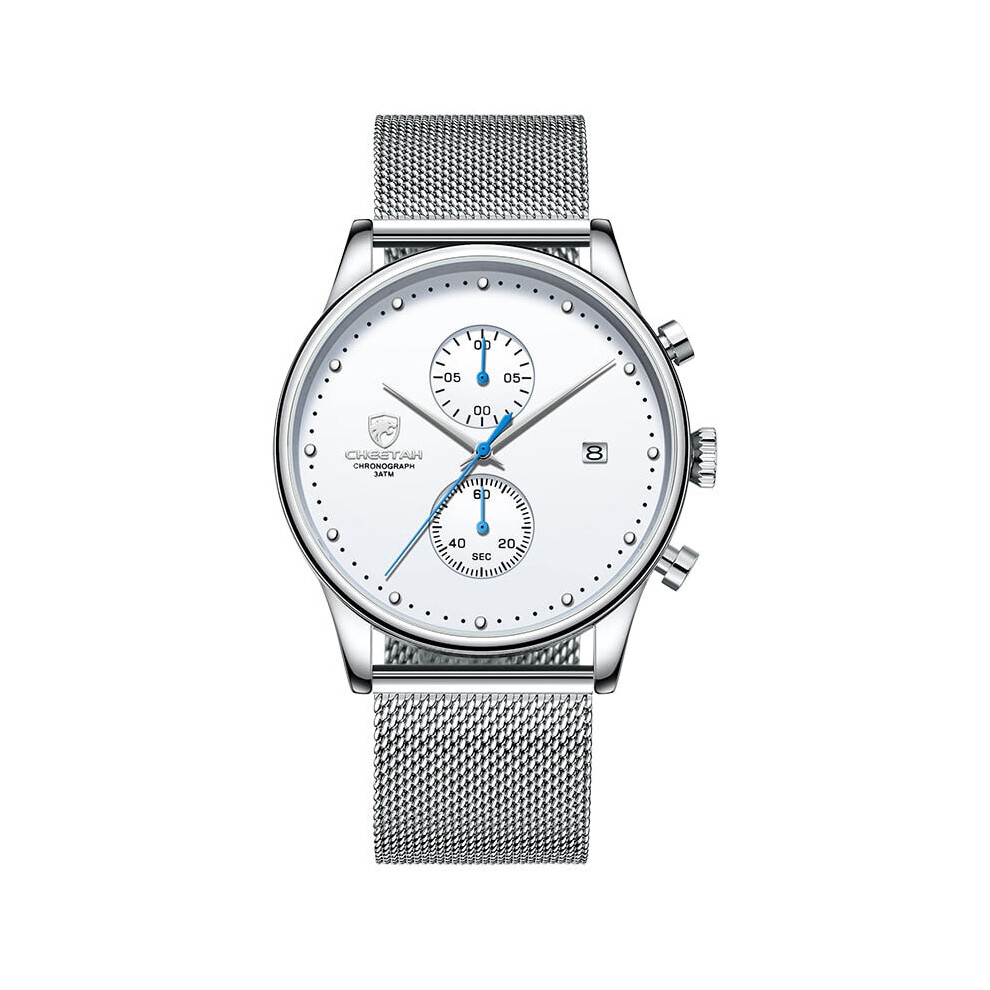 (Silver White) Men Chronograph Quartz Stainless Steel Waterproof Sports Clock Business Watch