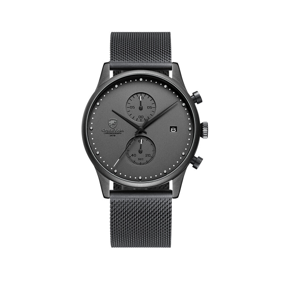 (Black Grey) Men Chronograph Quartz Stainless Steel Waterproof Sports Clock Business Watch