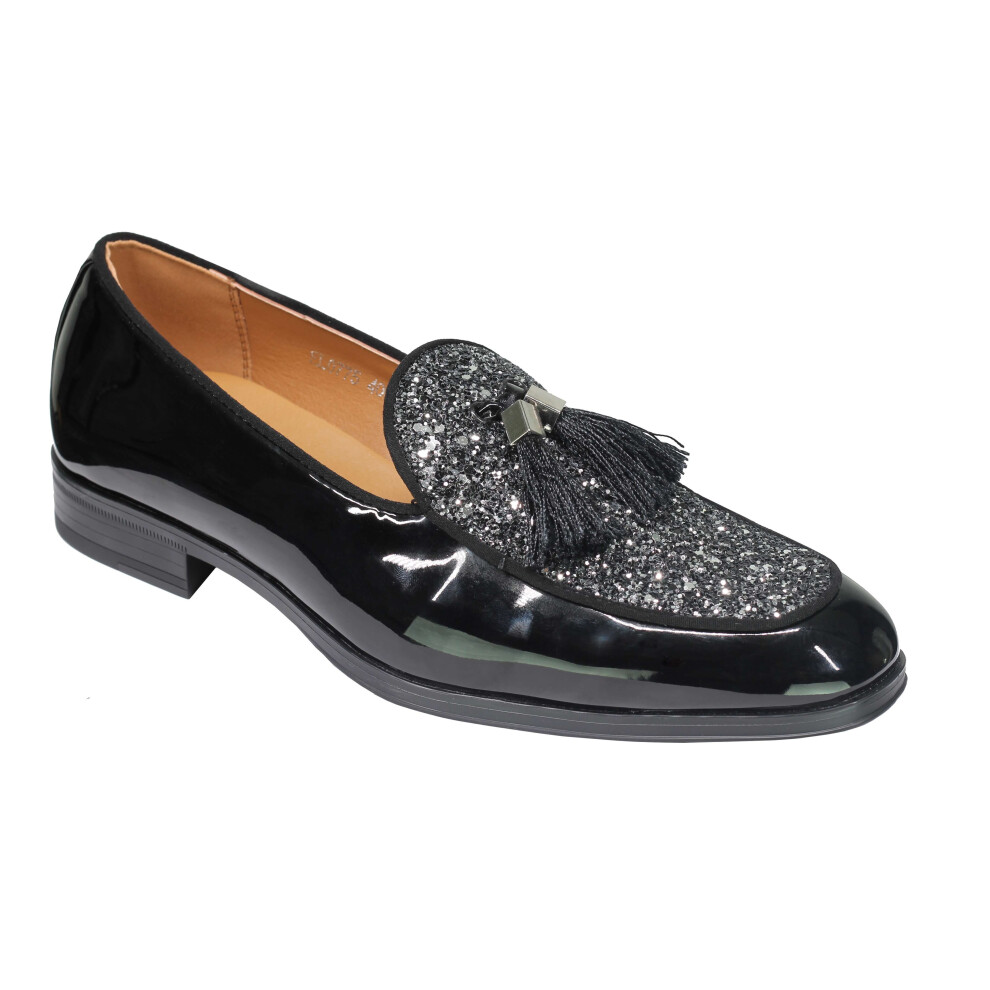 (42, Black) Mens Glitter Tassel Loafers PU Shiny Patent Leather Slip on Wedding Party Shoes