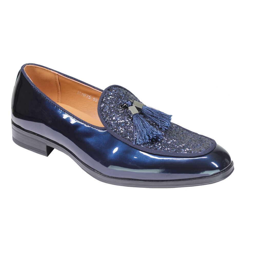 (43, Navy Blue) Mens Glitter Tassel Loafers PU Shiny Patent Leather Slip on Wedding Party Shoes