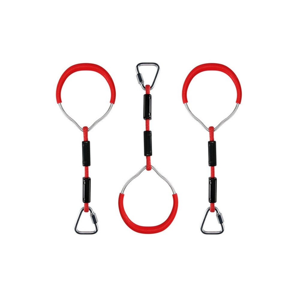(Red) Heavy Duty Children Trapeze Bar Pull Up Gym Rings Colorful Backyard Gymnastic Ring Pack 3