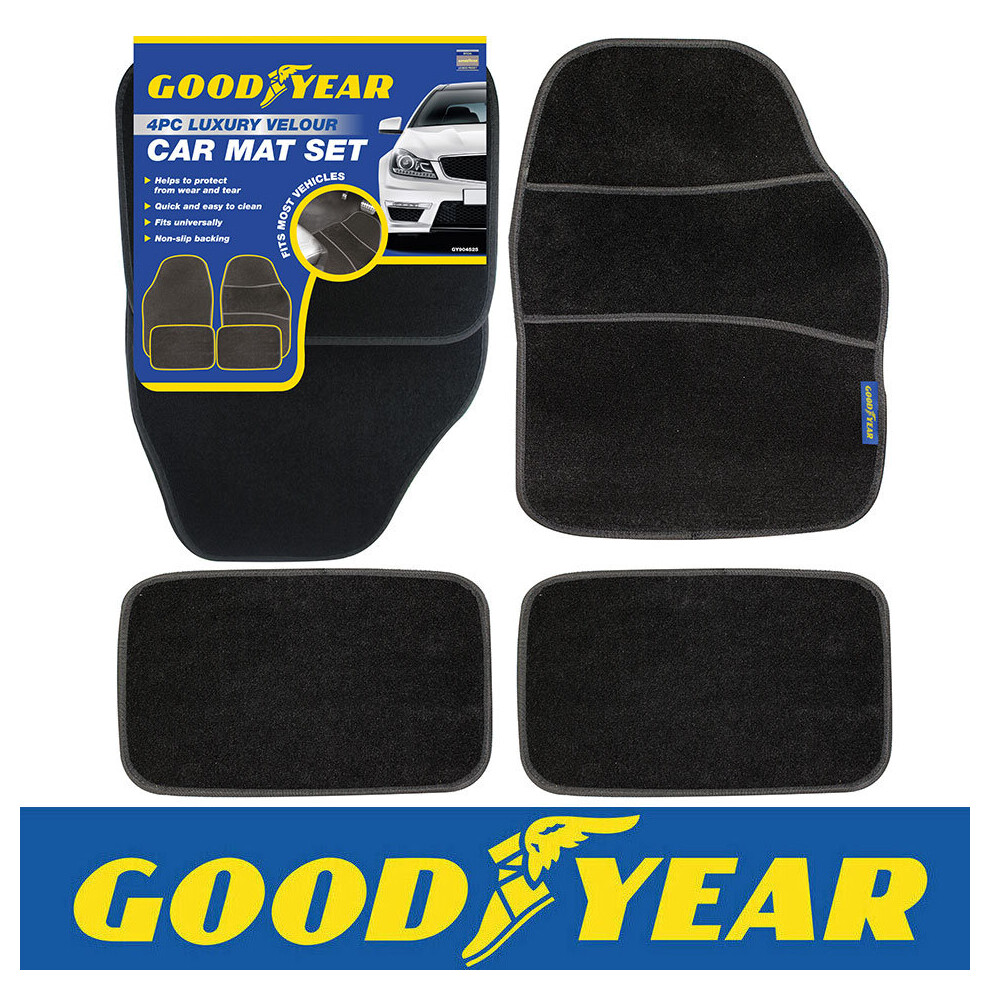 Goodyear 4Pc Luxury Velour Car Mat Carpet Set Universal Fit Non-Slip Backing