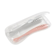 BEABA Set of 2 silicone 1st age spoons with old pink set transport box