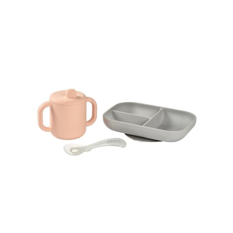 BEABA, Silicone learning set + cup - pink