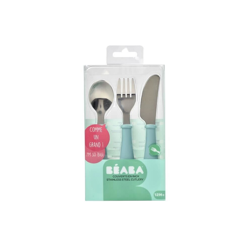 BEABA Set of 3 stainless steel airy green cutlery