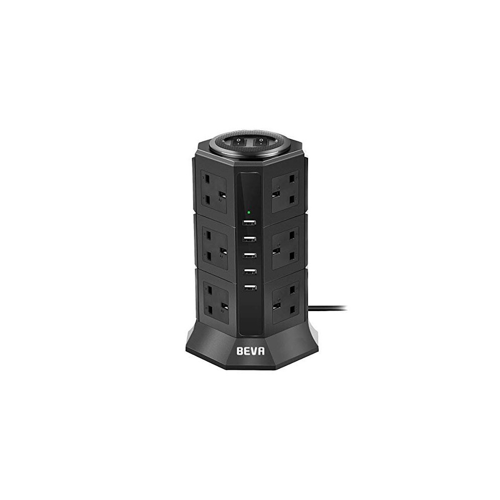 Tower Extension Lead, BEVA Multi Plug Socket 12 Way Outlet Surge Protector Power Strip Electric Charging Station with 5 Smart USB Charger(5V/4.5A
