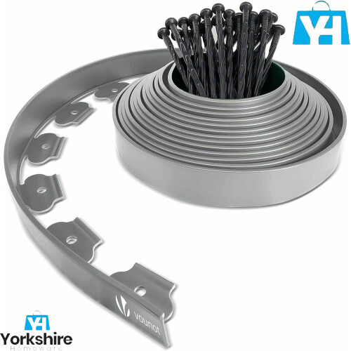 10M EDGE SYSTEM BORDER GREY - Flexible, Weather-Resistant PVC Garden Edging for Lawn & Flower Beds, Includes 30 Spikes
