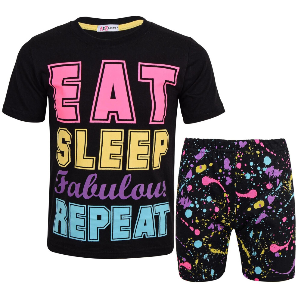 A2zkids (13 Years, ) Girls Boys Splash Print Contrast Pyjamas Shorts Set Black