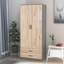 (Ash Grey Carcass + Oak Drawers) Tall 2 Door Wardrobe With 2 Drawers Metal Runners
