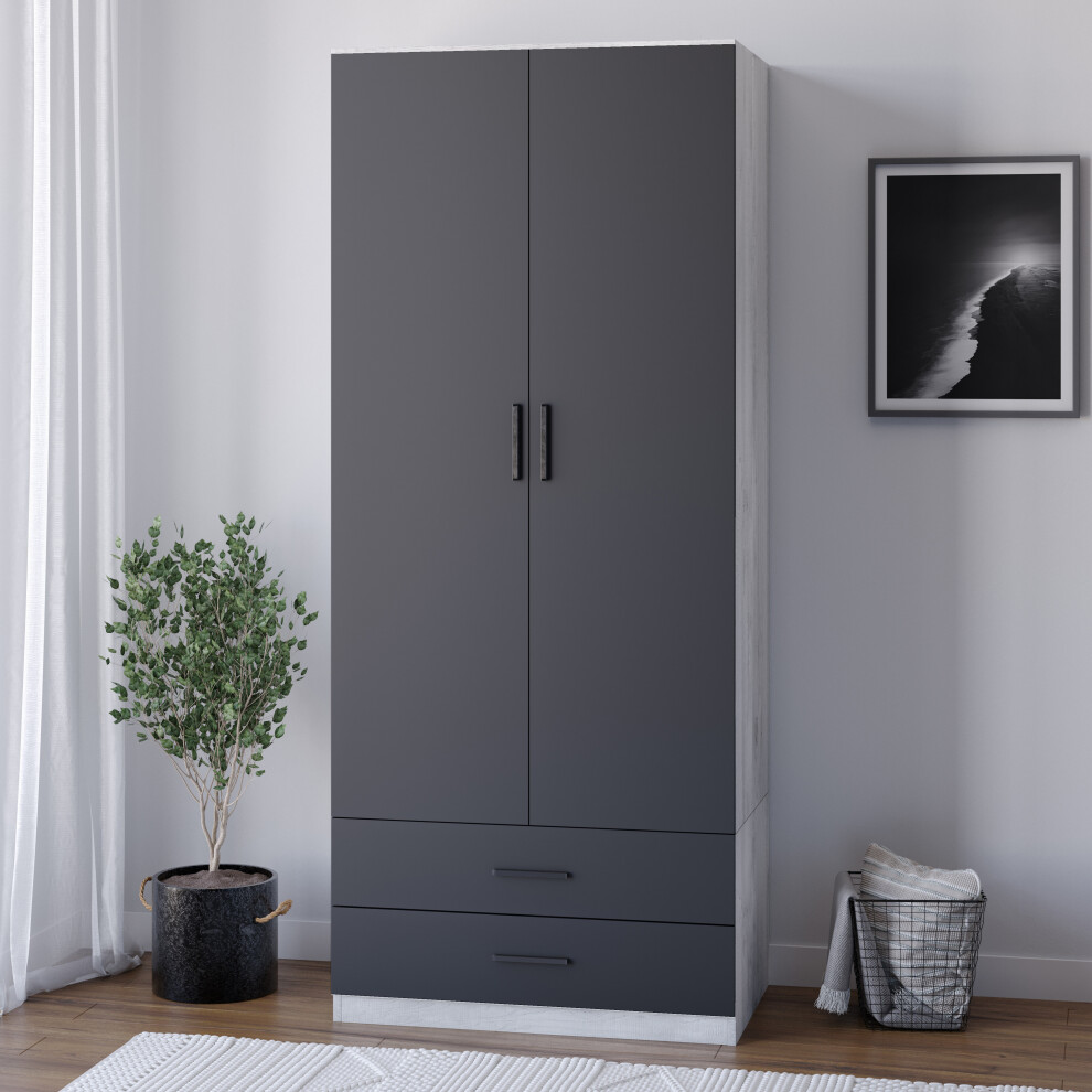 (Ash Grey Carcass + Black Drawers) Tall 2 Door Wardrobe With 2 Drawers Metal Runners