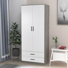 (Ash Grey Carcass + White Drawers) Tall 2 Door Wardrobe With 2 Drawers Metal Runners