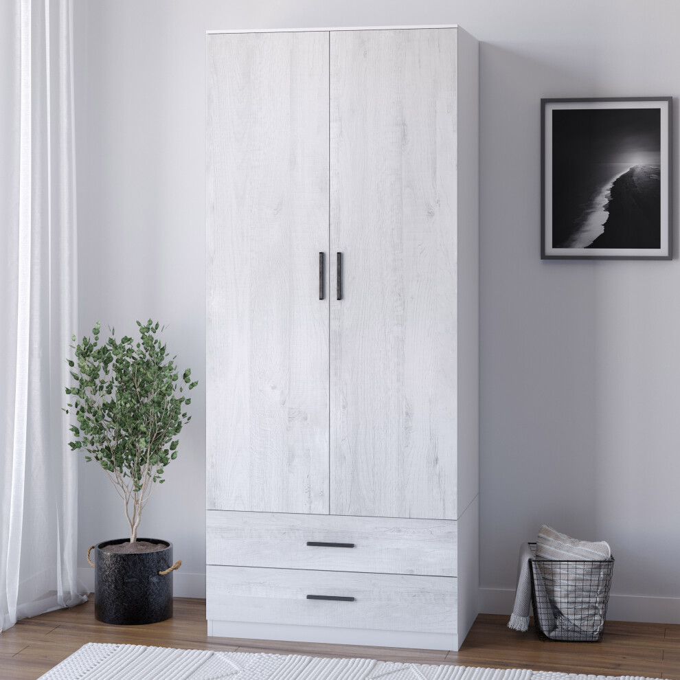 (White Carcass + Ash Grey Drawers) Tall 2 Door Wardrobe With 2 Drawers Metal Runners