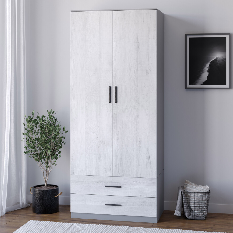 (Grey Carcass +   Ash Grey Drawers) Tall 2 Door Wardrobe With 2 Drawers Metal Runners