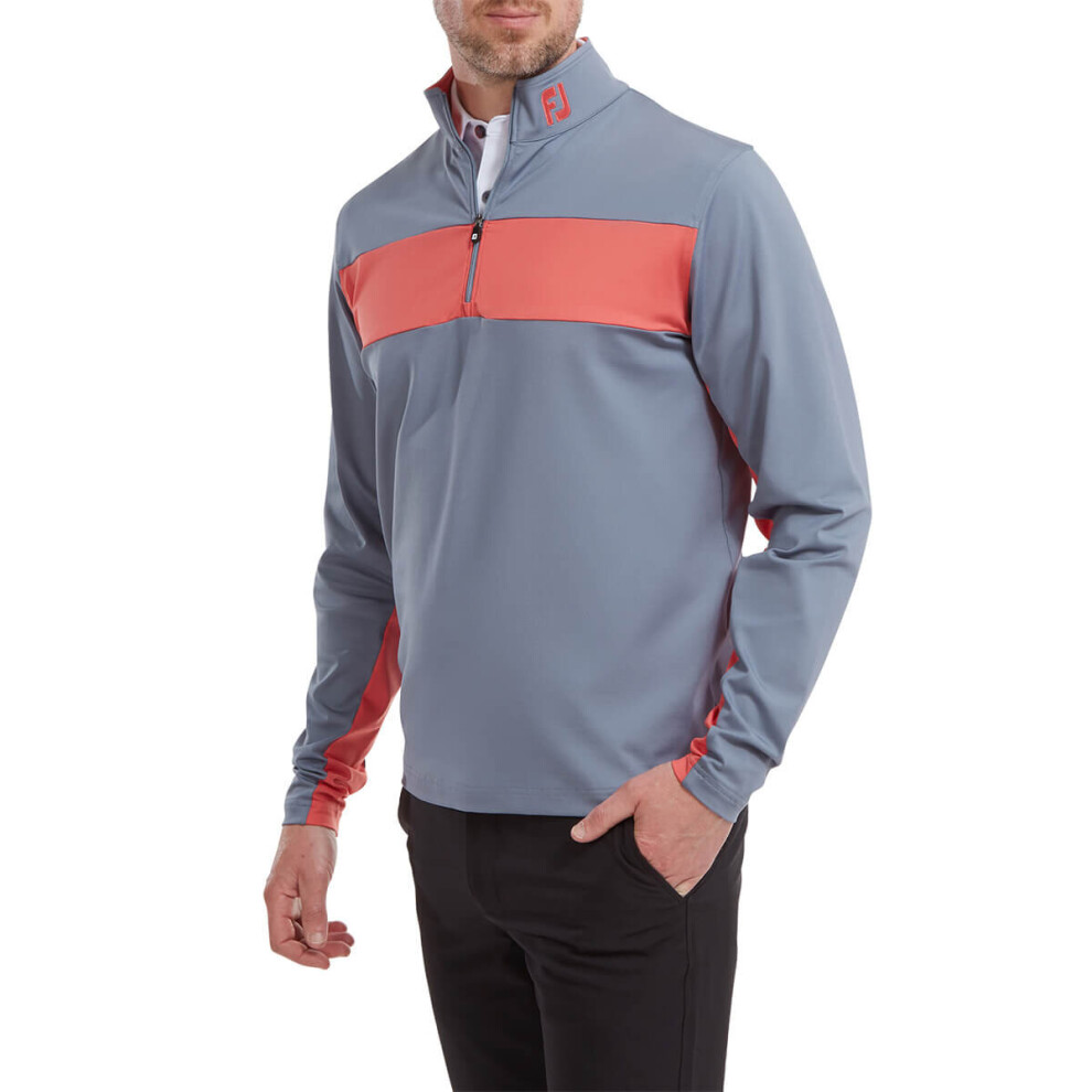 (S, Graphite/Coral) Footjoy Mens 2022 Engineered Chest Stripe Chill-Out Stretch Golf Sweater