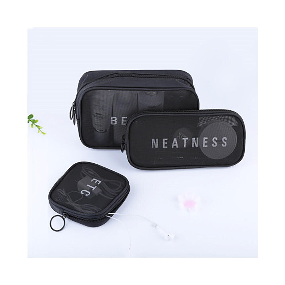 (Black, S) Nylon S/M/L Travel Women Cosmetic Bag Portable Makeup Bag Mesh Case Portable Box