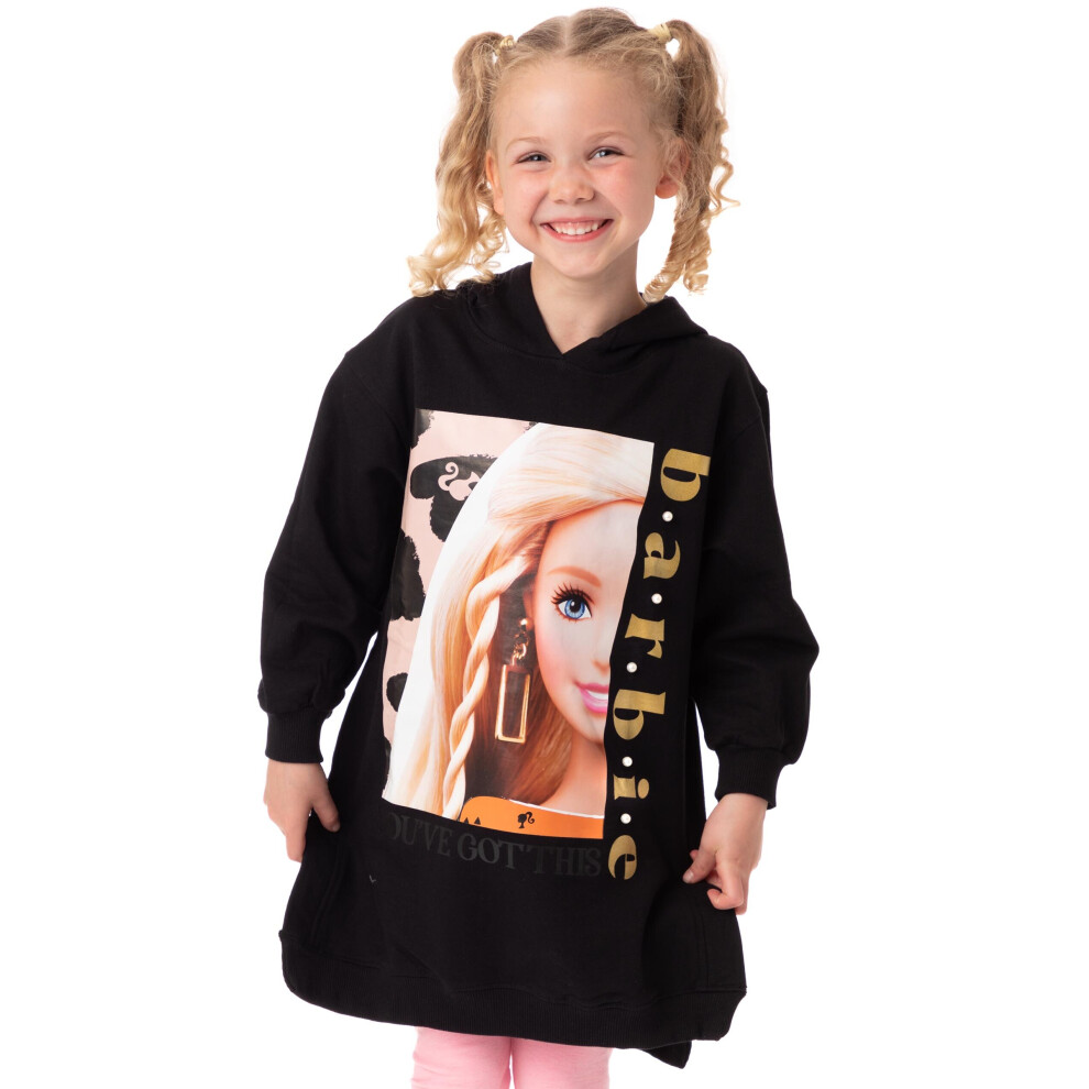 (3-4 Years) Barbie Hoodie Dress Girls Kids Pearl Leopard Print Black Sweater Clothes