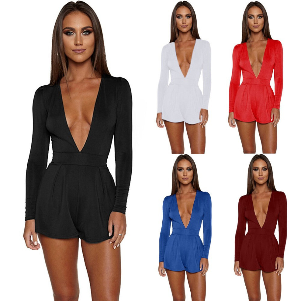 (Black, L) Sexy Women Jumpsuit Solid Color Plunge V Neck Long Sleeve Casual Slim Short