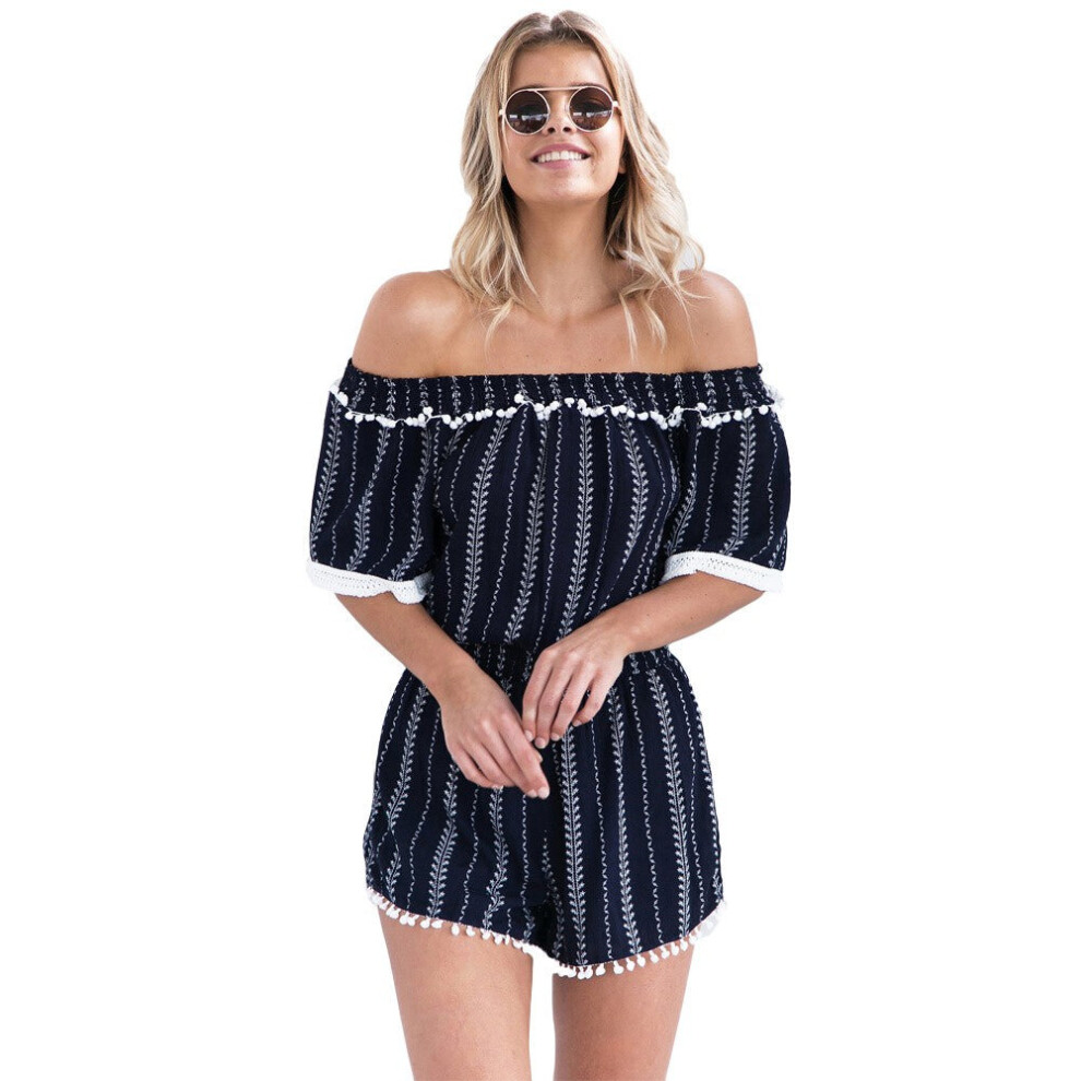 (Dark Blue, S) Sexy Women Off Shoulder Jumpsuit Vertical Striped Pom-Pom Half Sleeve