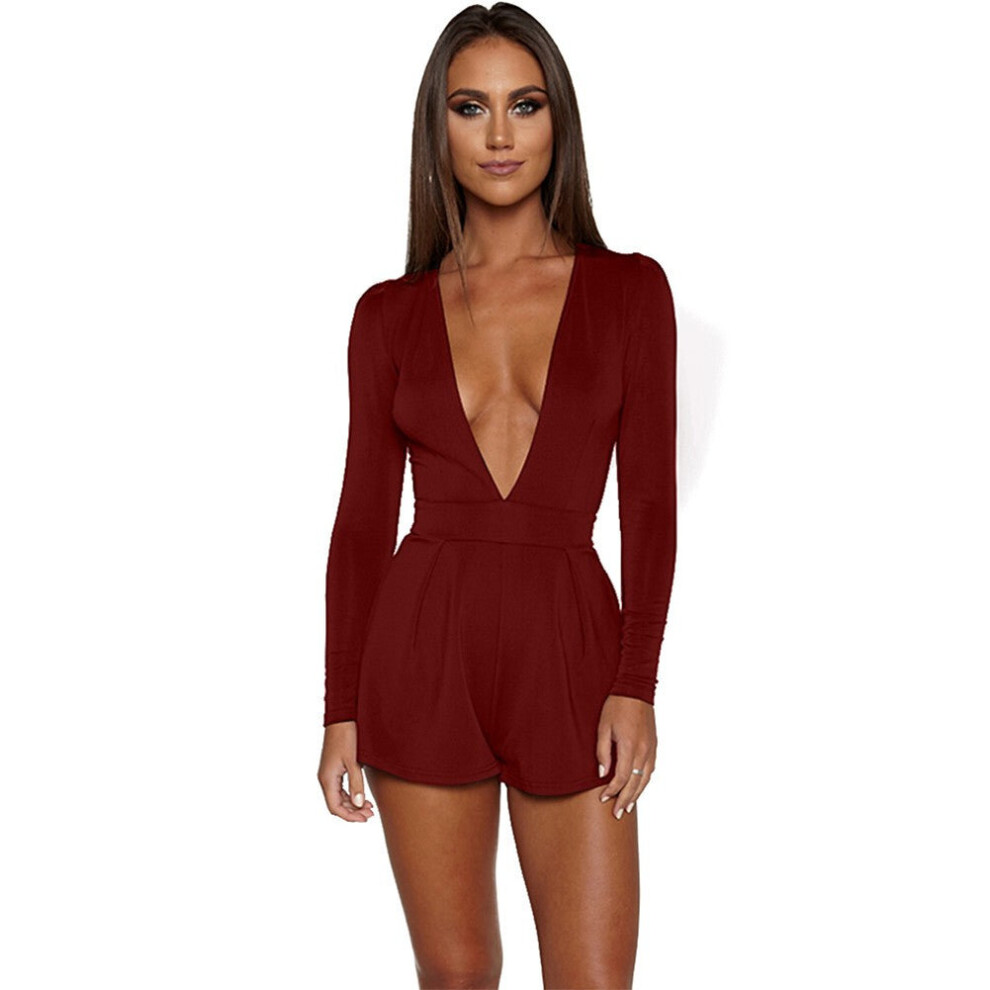 (Burgundy, L) Sexy Women Jumpsuit Solid Color Plunge V Neck Long Sleeve Casual Slim Short