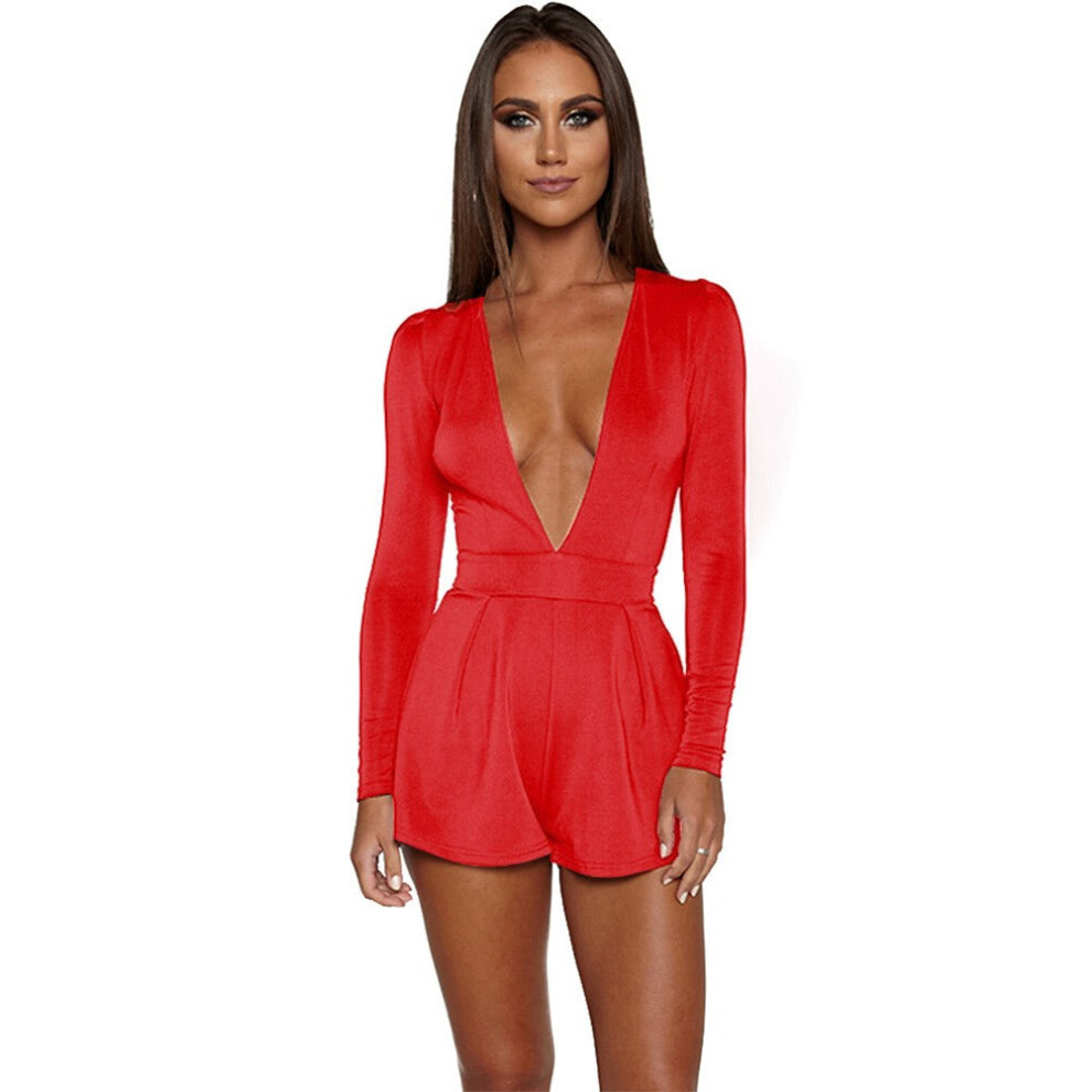 (Red, L) Sexy Women Jumpsuit Solid Color Plunge V Neck Long Sleeve Casual Slim Short