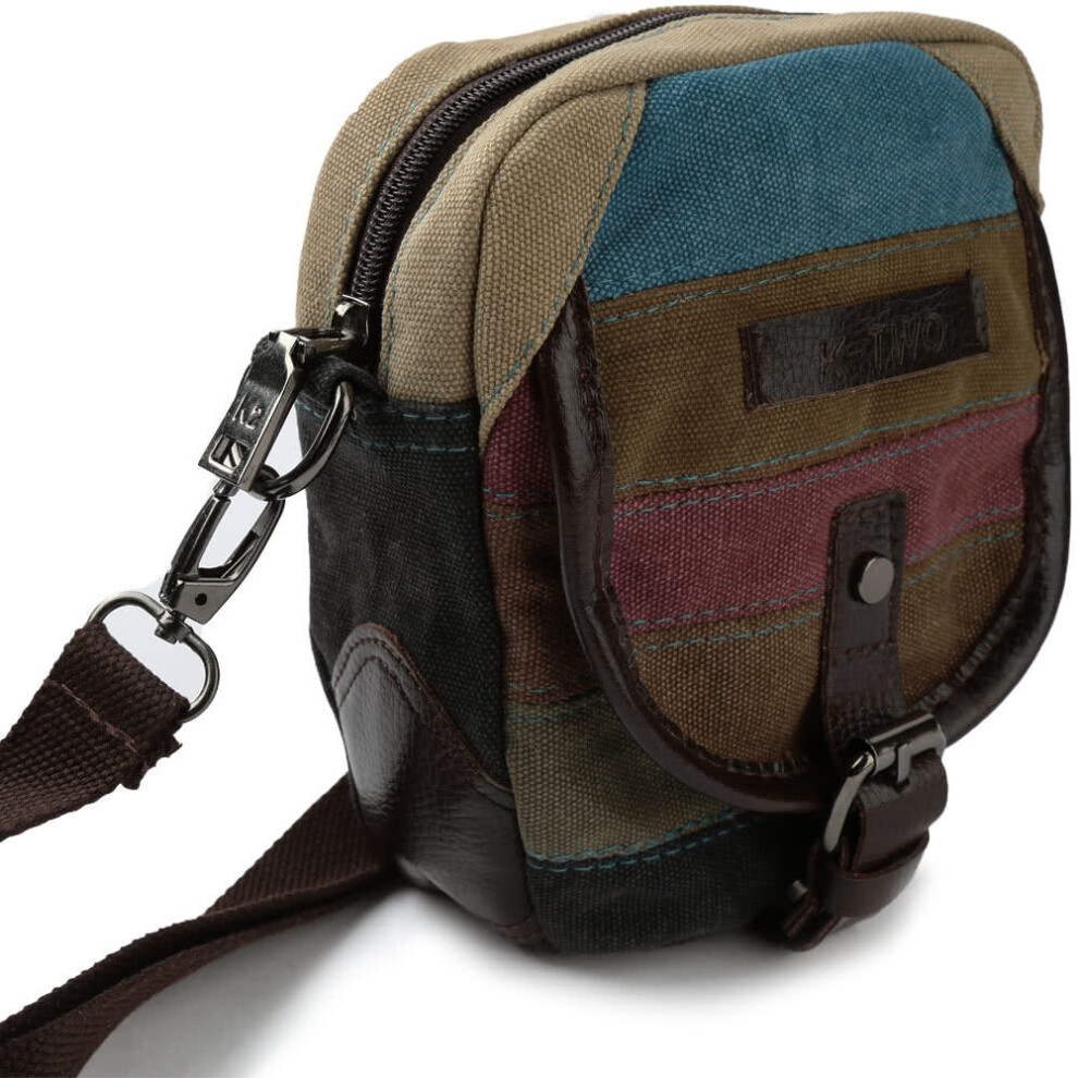 Women Canvas Crossbody Bag Waist Stripes Zipper Leather Hasp Front Pocket