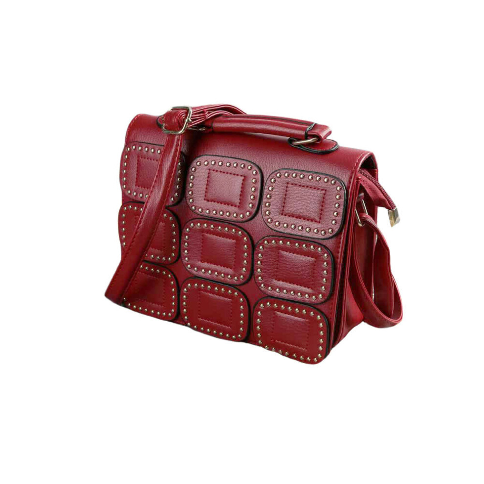 (Red) Women Crossbody Bag PU Leather Rivet Flap Magnetic Press Stud Shoulder Handbag