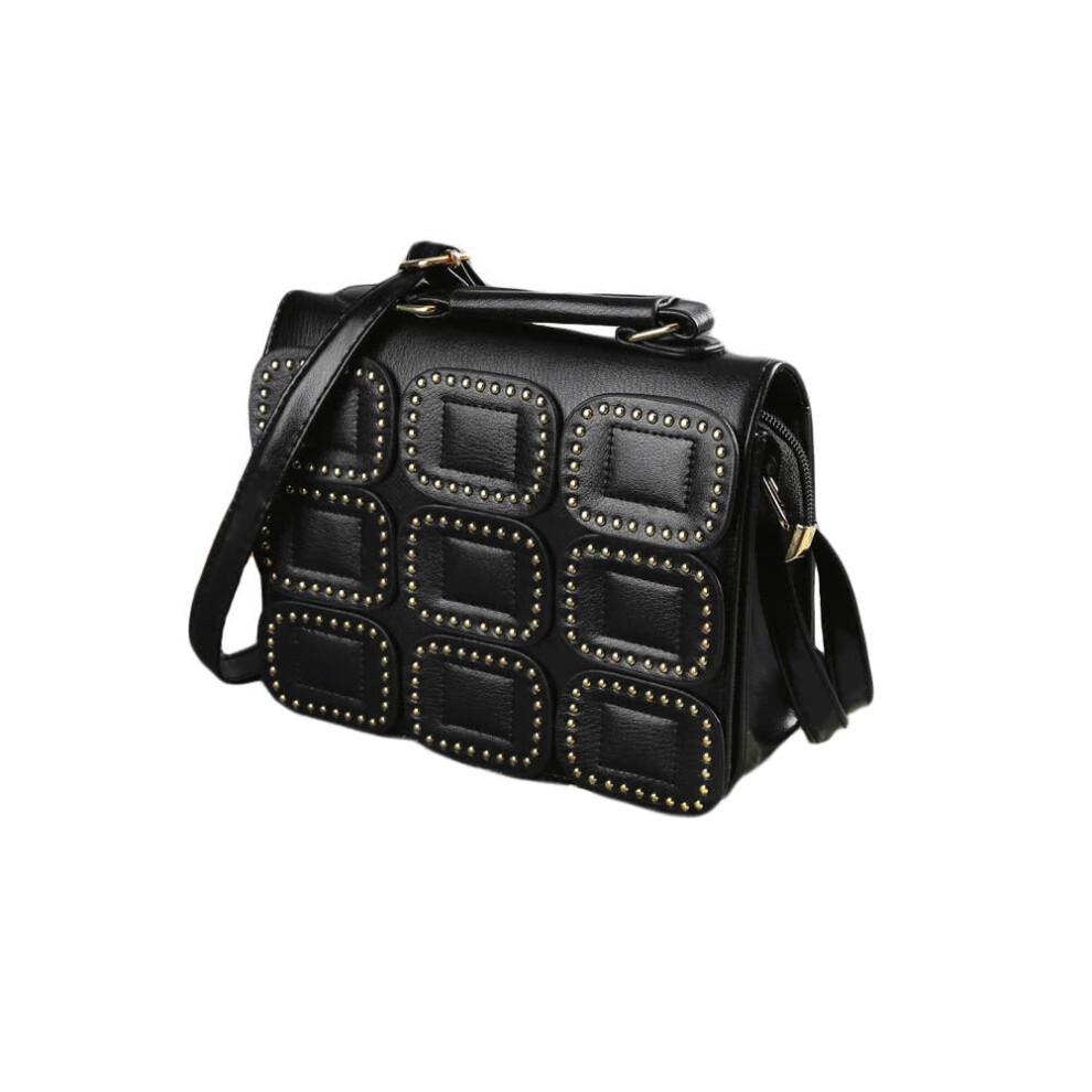 (Black) Women Crossbody Bag PU Leather Rivet Flap Magnetic Press Stud Shoulder Handbag