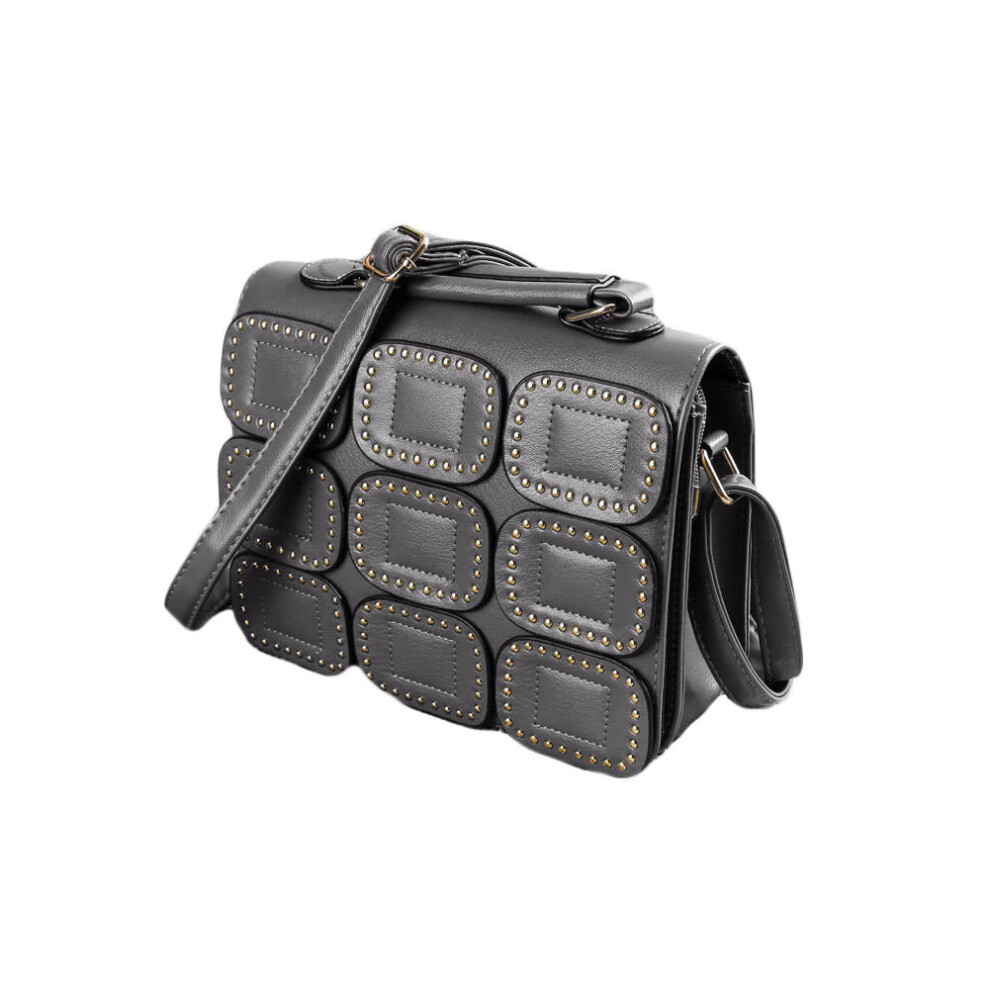 (Grey) Women Crossbody Bag PU Leather Rivet Flap Magnetic Press Stud Shoulder Handbag