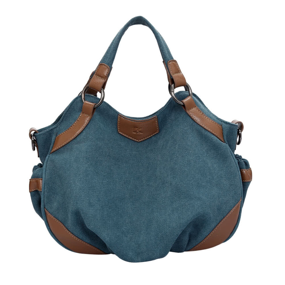 (Blue) Women Canvas Crossbody Bag Handbag PU Leather Splicing Zipper Vintage Shoulder Tote