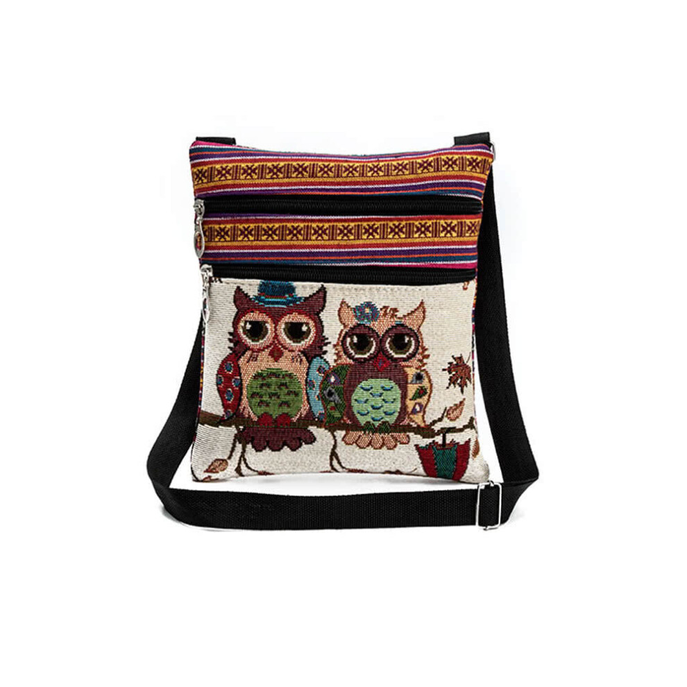 (2 owls Orange) Women Mini Crossbody Bag Owl Embroidery Jacquard Zipper Adjustable Strap