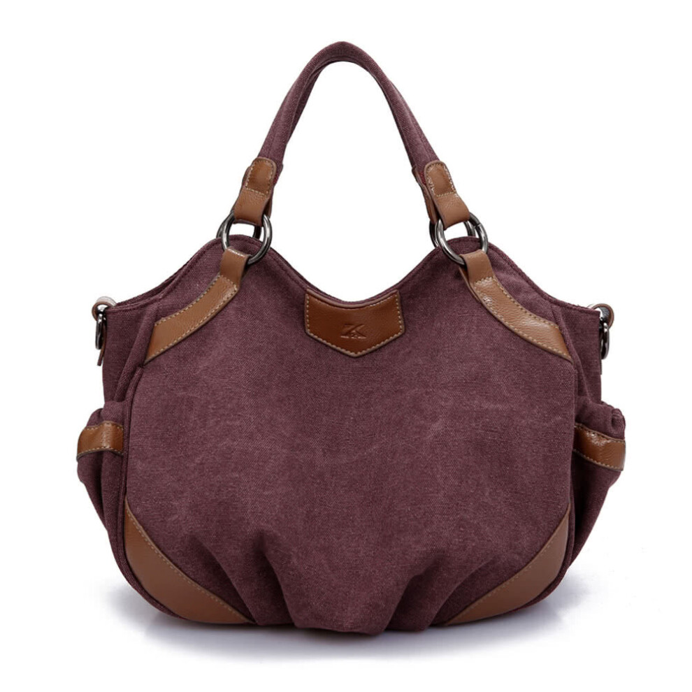 (Burgundy) Women Canvas Crossbody Bag Handbag PU Leather Splicing Zipper Vintage Shoulder Tote