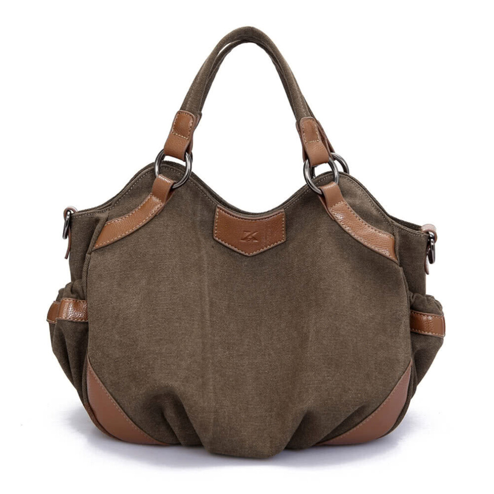 (Brown) Women Canvas Crossbody Bag Handbag PU Leather Splicing Zipper Vintage Shoulder Tote