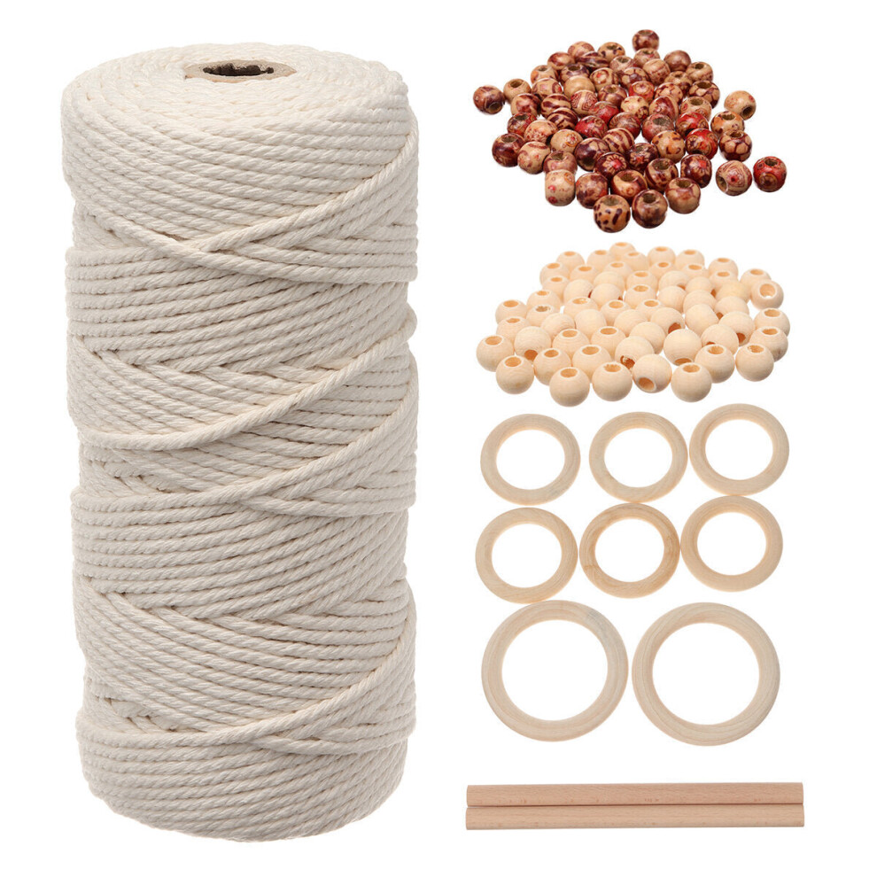 (A) DIY Craft Cord Yarn Natural Cotton Wooden Bead Kit Tapestry Macrame Wall Hanging