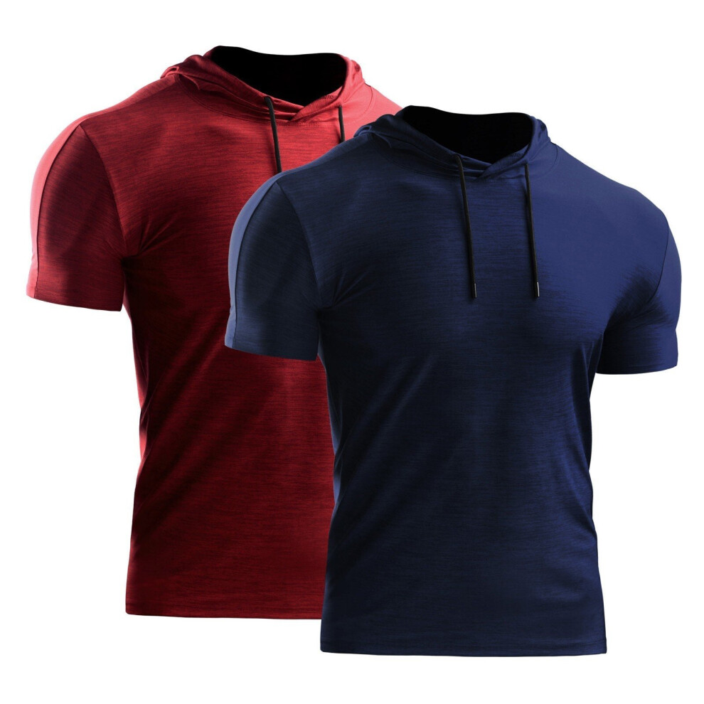 (Grey Red, M) 2PCS Men Summer Sports T-Shirt Solid Color Hooded Short Sleeve Quick-Dry Running Gym Sportswear