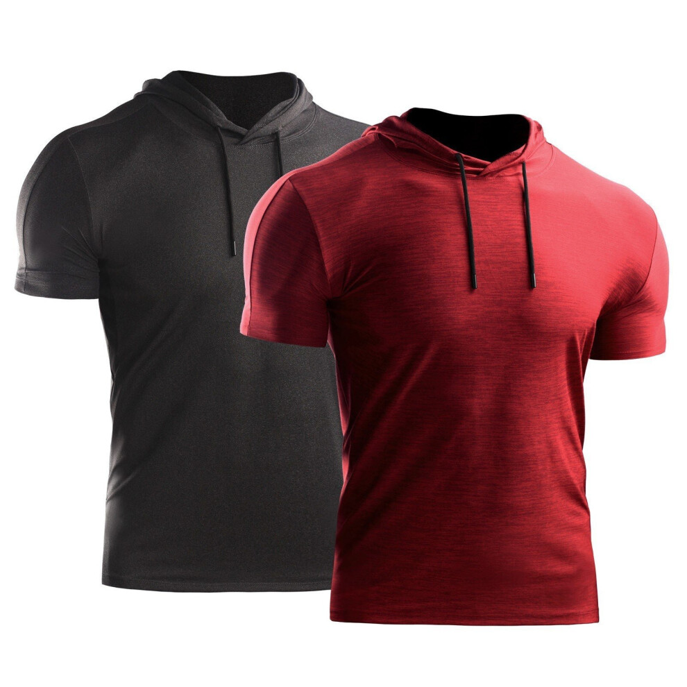 (Red Blue, 2XL) 2PCS Men Summer Sports T-Shirt Solid Color Hooded Short Sleeve Quick-Dry Running Gym Sportswear