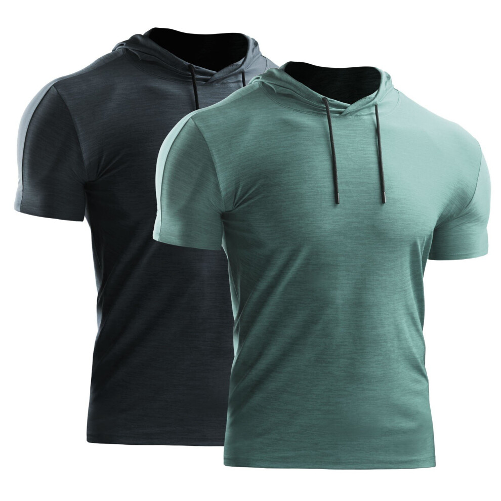 (Grey Green, L) 2PCS Men Summer Sports T-Shirt Solid Color Hooded Short Sleeve Quick-Dry Running Gym Sportswear