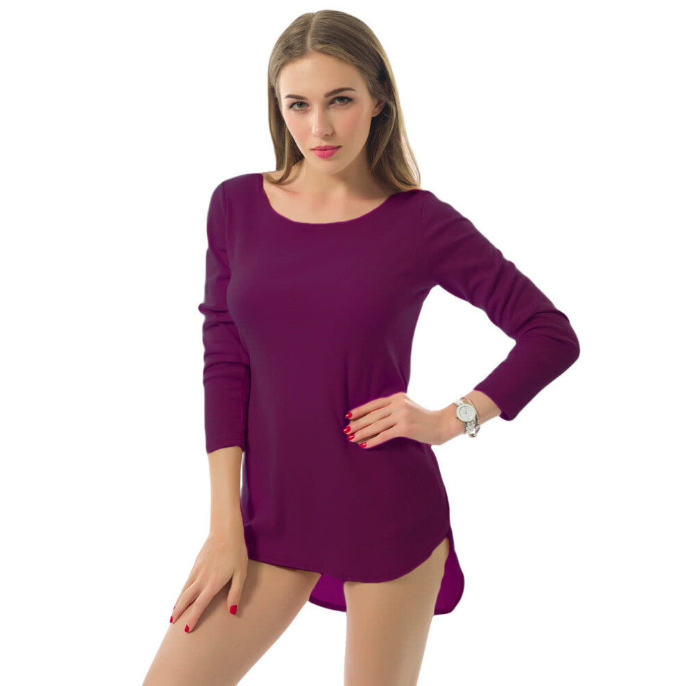 (Purple, M) Women T-shirt Solid Color O-Neck Long Sleeves High-low Hem Pullover Casual Blouse