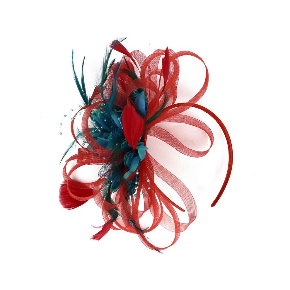(Red Lake Blue) Fascinator Headband with a Clip Reversible Feather Tea Party Hat Headwear