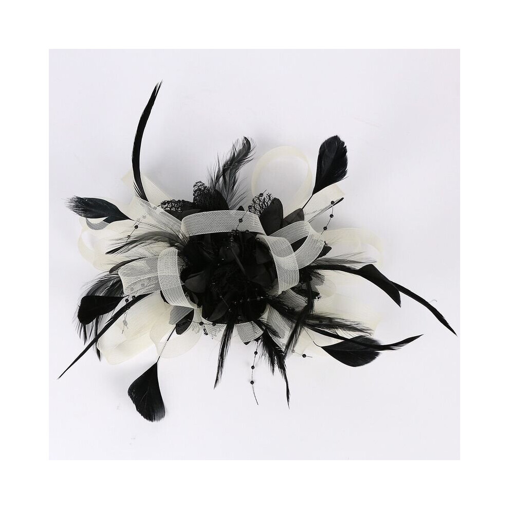 (Beige Black) Fascinator Headband with a Clip Reversible Feather Tea Party Hat Headwear