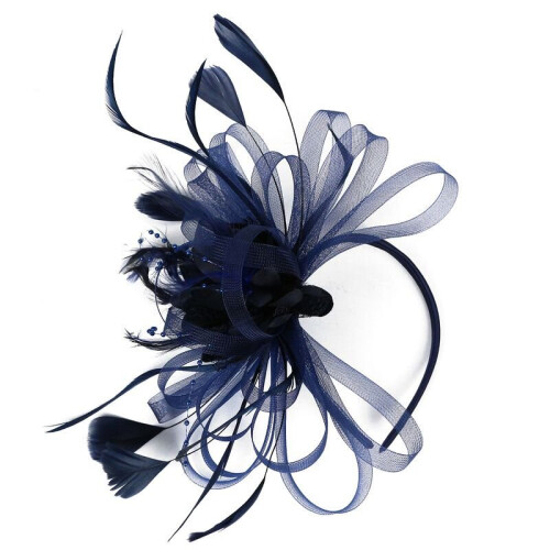 (Navy Blue) New Womens Flower Feather Large Mesh Fascinator Hat Clip Wedding Proms
