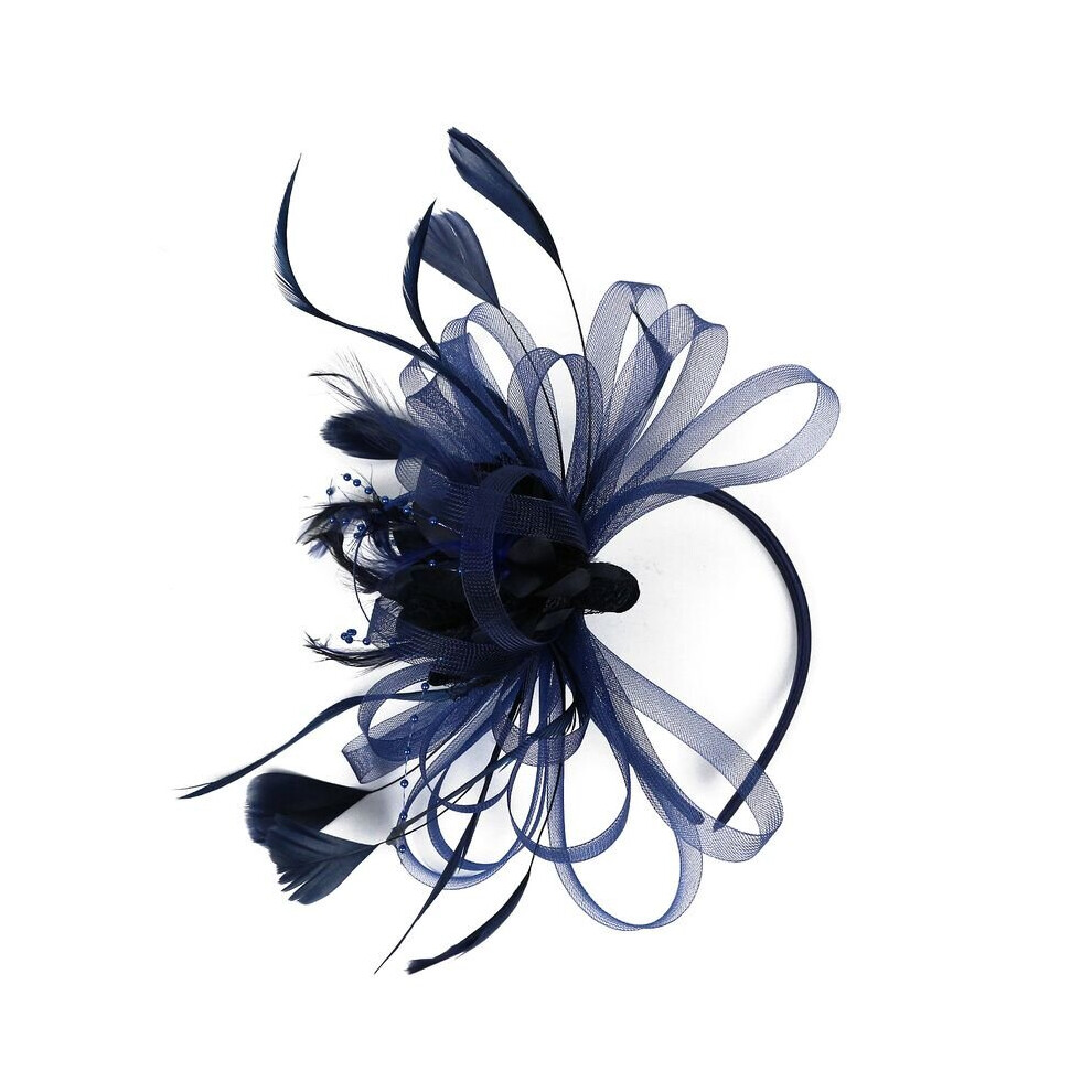 (Navy Blue) New Womens Flower Feather Large Mesh Fascinator Hat Clip Wedding Proms