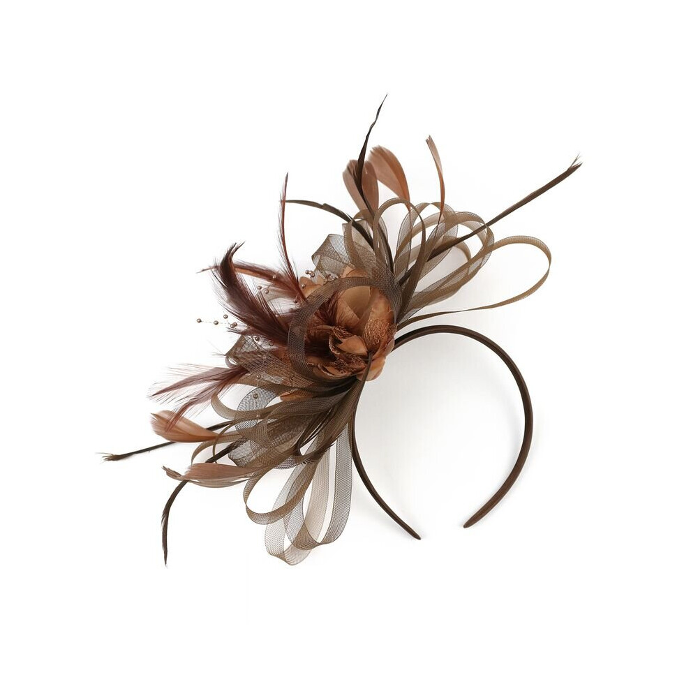 (Coffee) Fascinator Headband with a Clip Reversible Feather Tea Party Hat Headwear