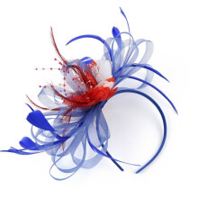 (Blue Red White) New Womens Flower Feather Large Mesh Fascinator Hat Clip Wedding Proms