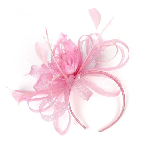 (Pink) Fascinator Hat Feather Flower Headdress Bridal Hair Accessories Mesh