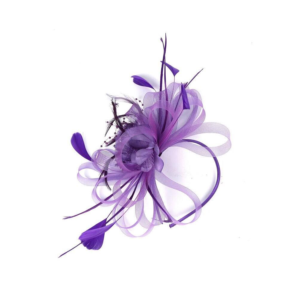 (Purple) Fascinator Hat Feather Flower Headdress Bridal Hair Accessories Mesh
