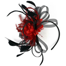 (Black Red) Fascinator Hat Feather Flower Headdress Bridal Hair Accessories Mesh
